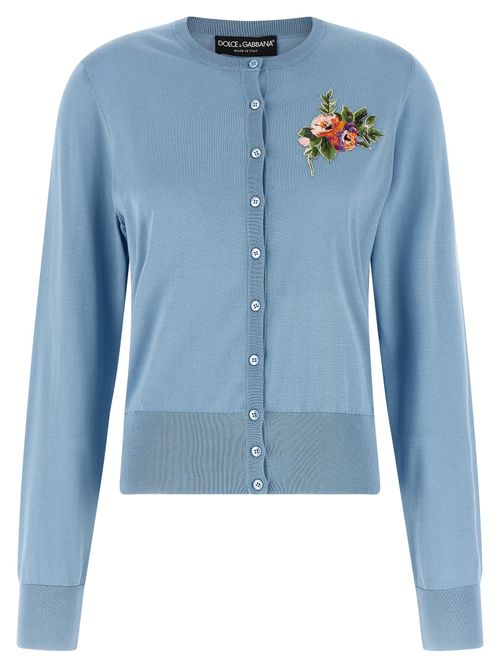 Floral-Embroidered Silk Cardigan — Blue
