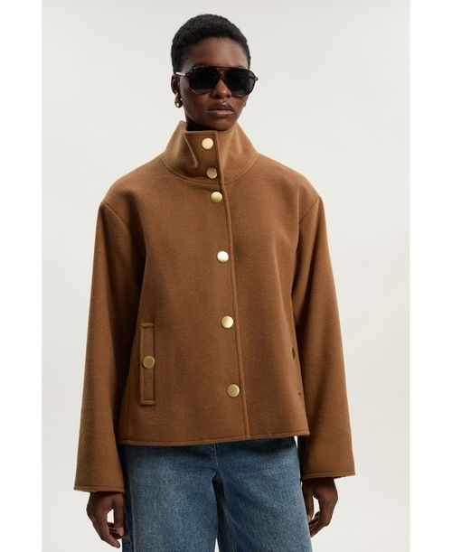 Women's Brushed Wool Funnel Neck Short Coat - Camel