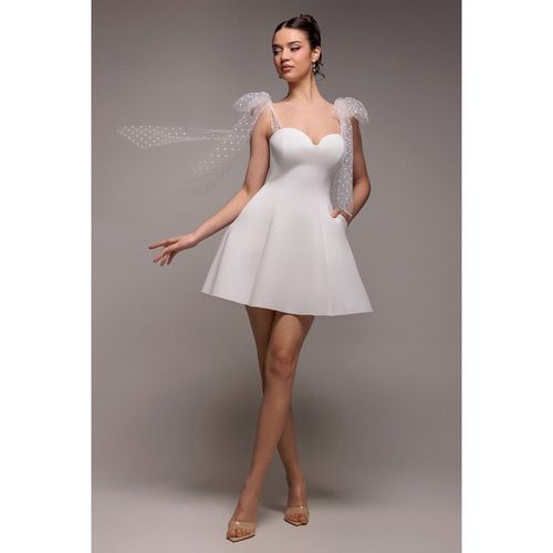 Goddiva Scuba & Polka Mesh Bella Bow Multiway Skater Mini Dress - White