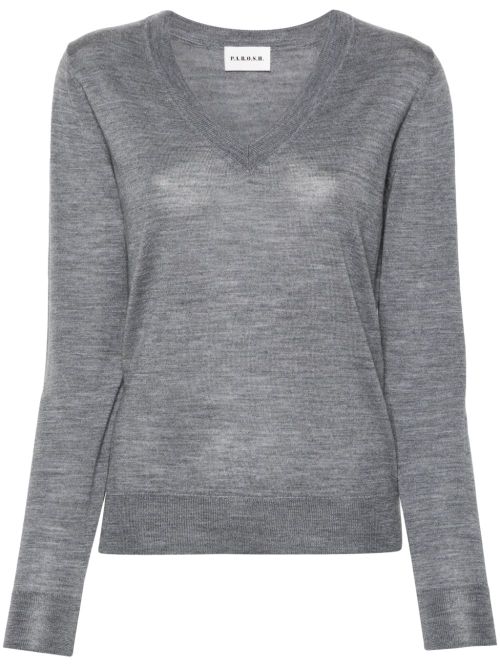 V-neck fine-ribbed jumper - Grey