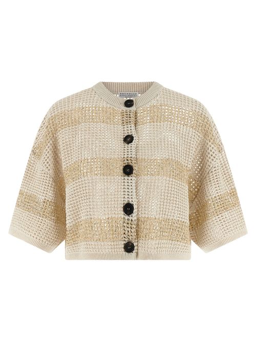 Sequin-Striped Cotton Mesh Cardigan — Beige