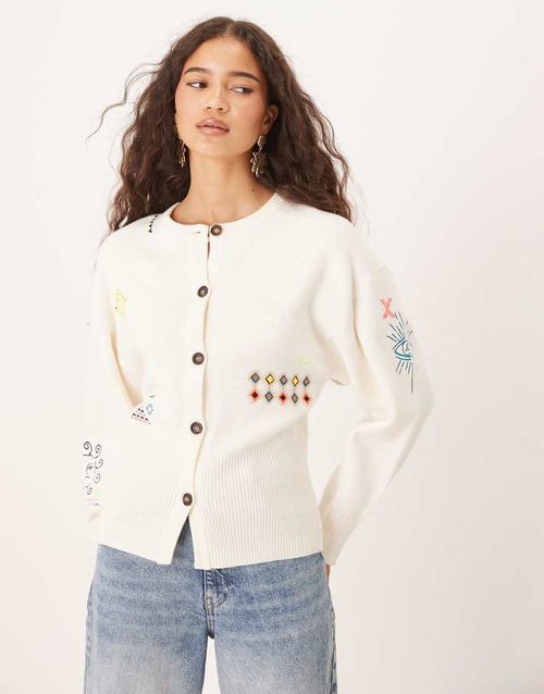 Neon embroidered cardigan in cream-White