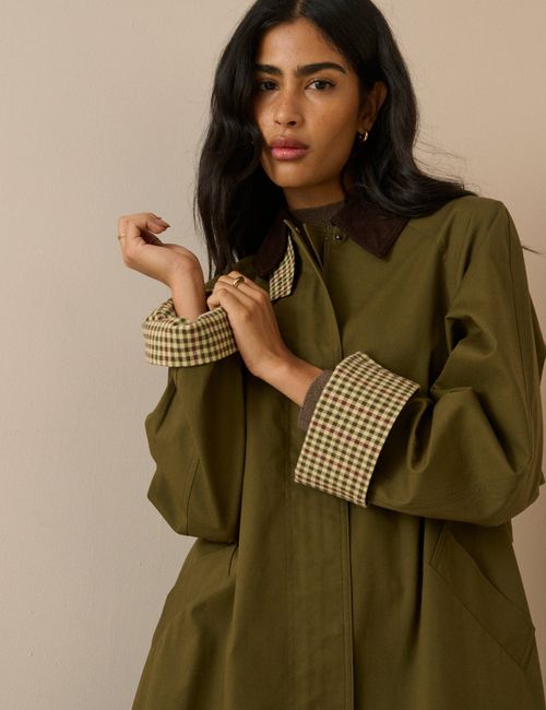 Khaki Cord Detail Long Oversized Barn Coat