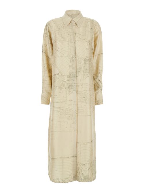 Architectural Print Silk Dress — White