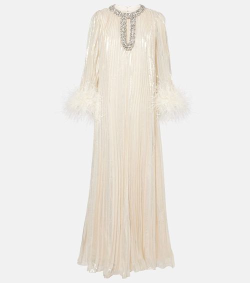 Feather-trimmed silk-blend maxi dress