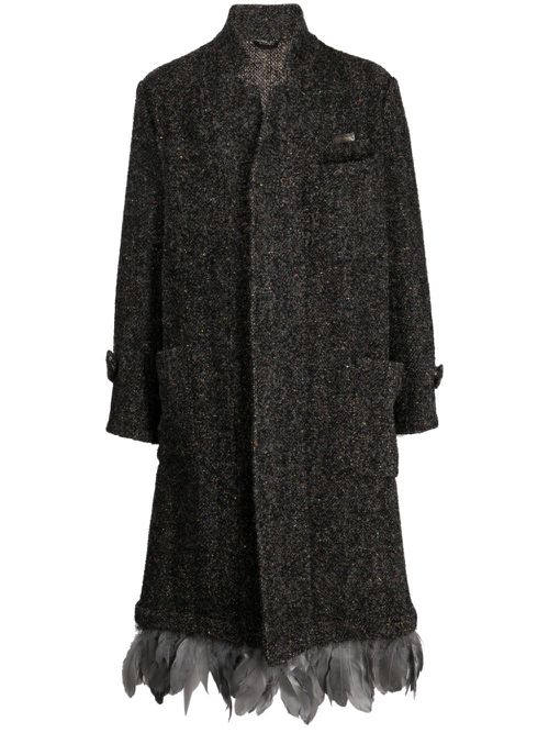Feather-trim bouclé single-breasted coat - Grey