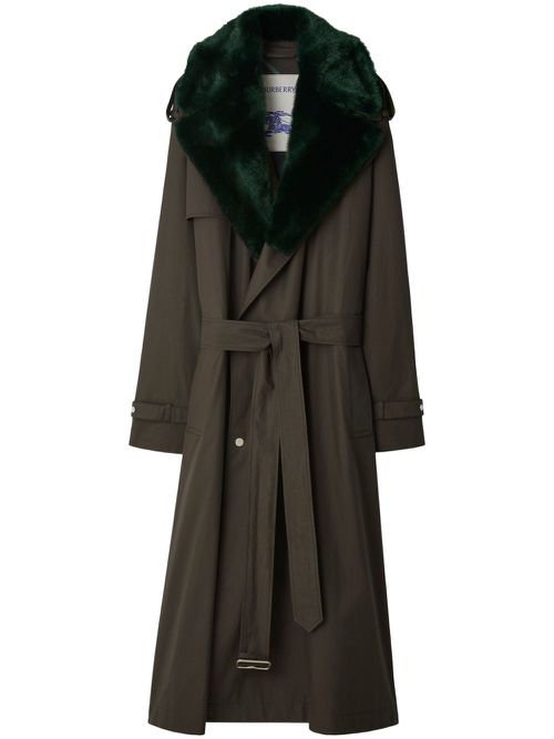 Notched-lapels shearling trench coat - Green