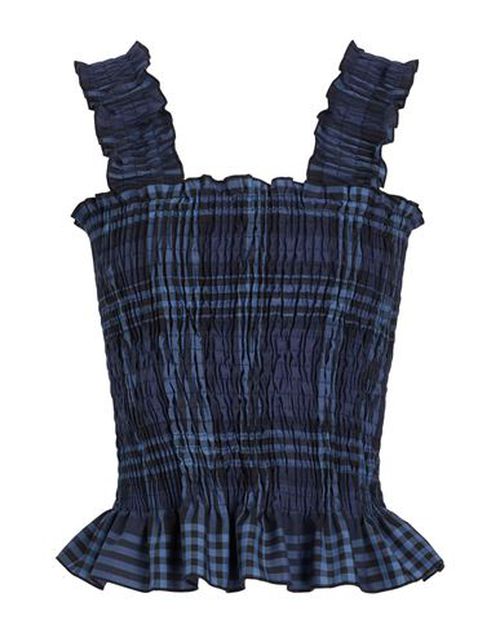 Cotton Check Ruffled Smock Top Woman Top Midnight blue Size 10 Polyester, Virgin Wool, Elastane