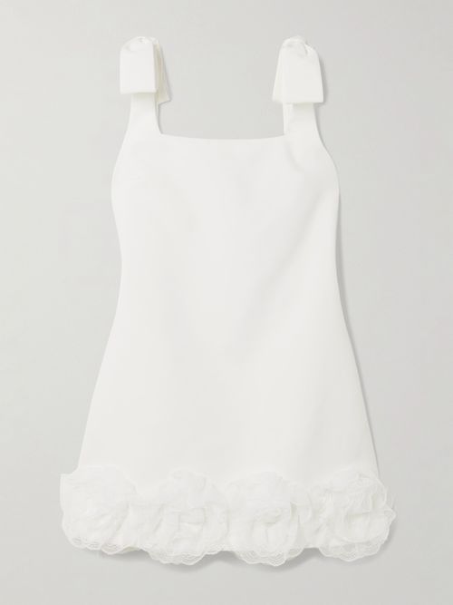 Bow-detailed Lace-trimmed Crepe Mini Dress - White
