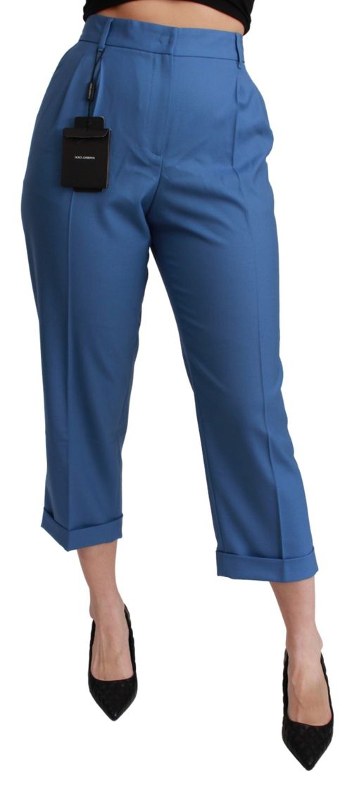 Pleated Wool Cuffed Cropped Trousers — Blue