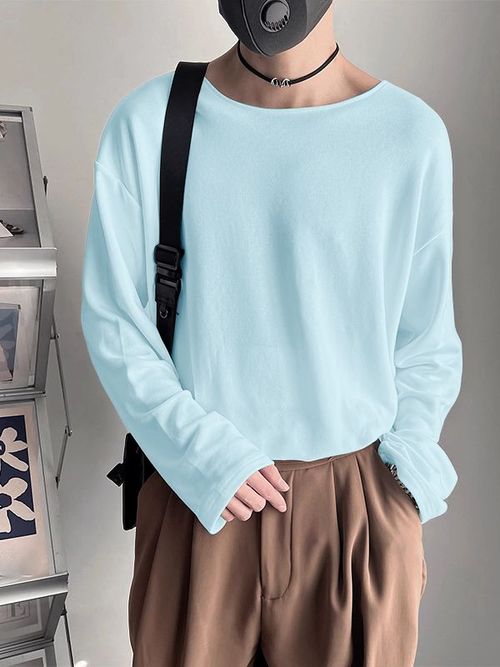Men's Solid Color Loose Crew Neck Long Sleeve T-Shirt SKUL38549 - Blue / S