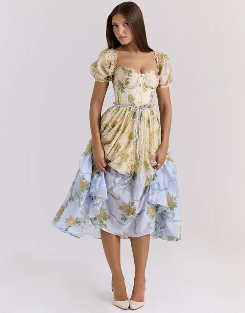 House of CB Penelope lemon vintage rose chiffon midi dress in lemon vintage rose-Yellow