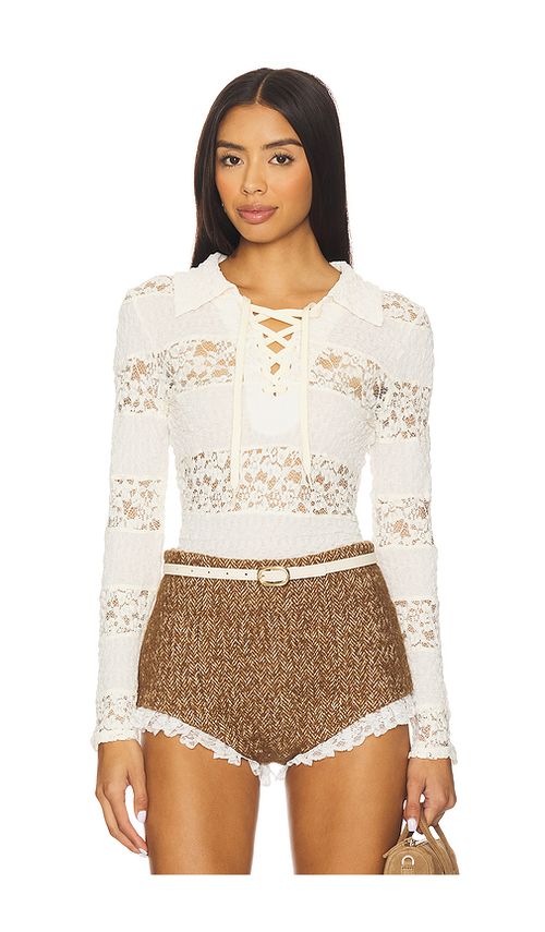 Yuhan Wang Collared Stripe Lace Polo Top in Ivory. S. Also in L