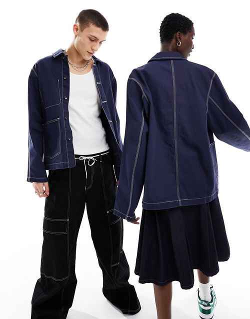 Life Unisex chore jacket in dark blue-White