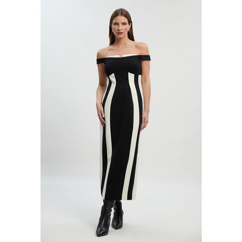 Karen Millen Women's Compact Stretch Colour Block Tailored Bardot Midi Dress in Mono