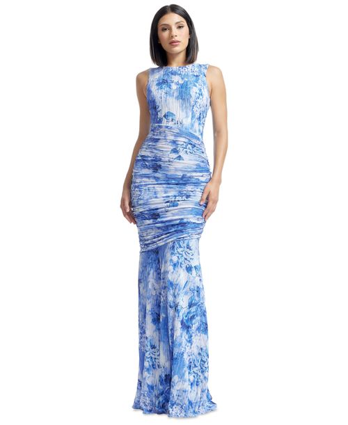 Women's Violetta Floral-Print Pleated Ruched Gown - Blue