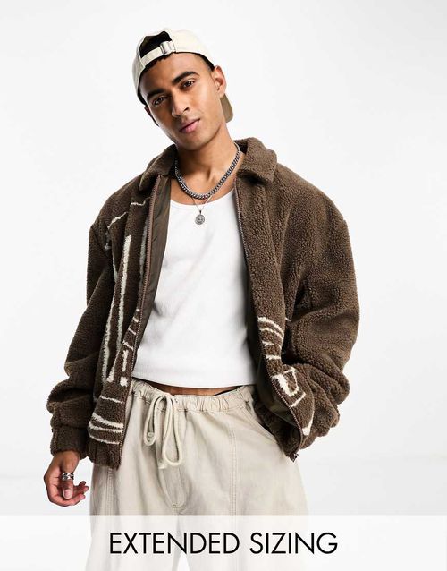 Oversized borg bomber jacket with scenic print in brown