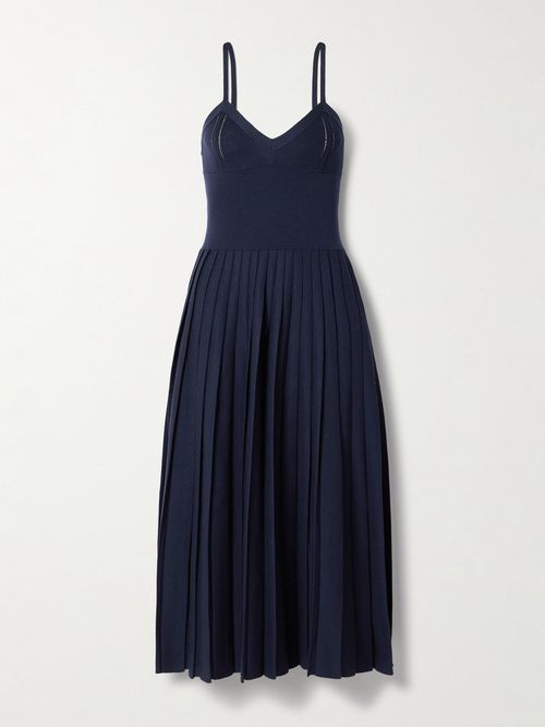 Elio Pleated Pointelle-trimmed Wool-blend Midi Dress - Blue