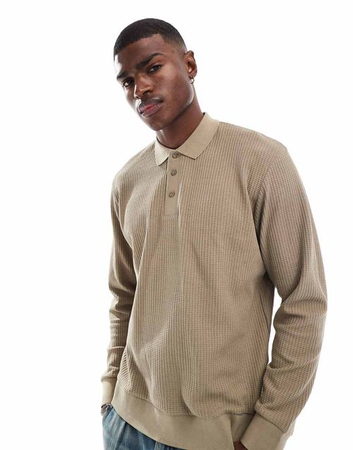 Jack & Jones knit long sleeve textured polo in beige-Neutral
