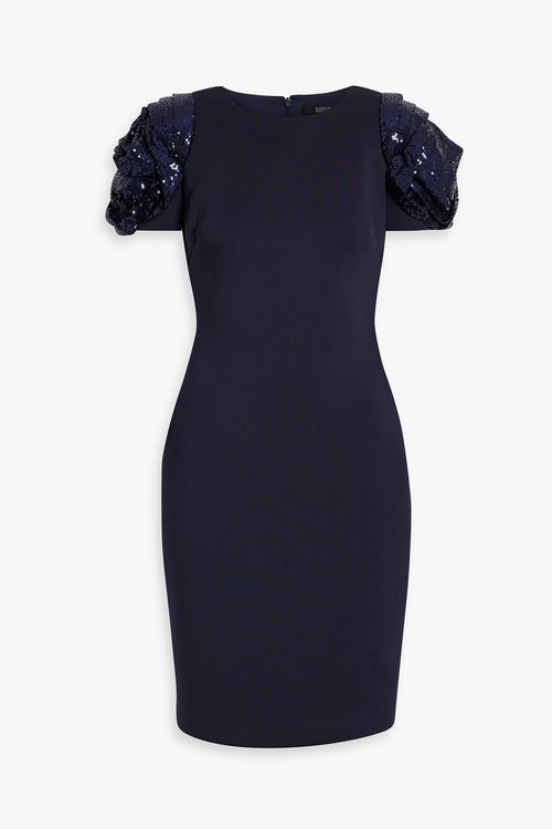 Sequin-embellished tulle-paneled scuba mini dress
