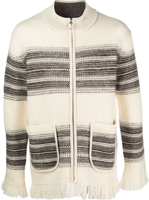 Stripe-pattern zip-up cardigan - Neutrals