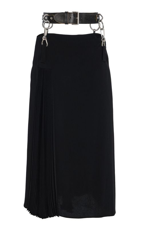 Belt-Detailed Pleated Crepe-Cady Midi Skirt
