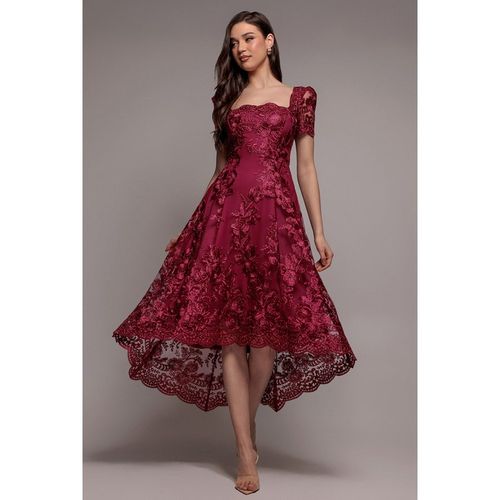 Goddiva Scalloped Neck Embroidered Lace High Low Midi Dress - Burgundy