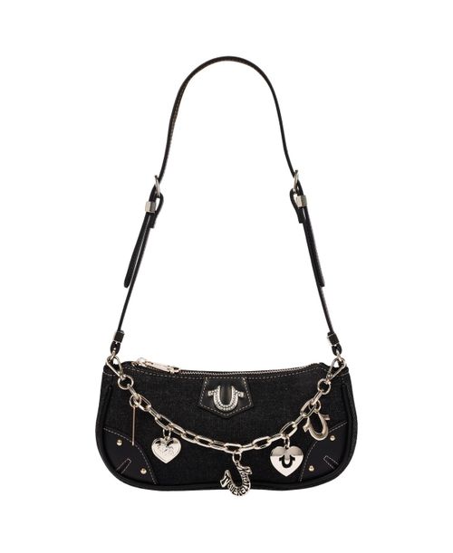 Women's Horseshoe Chain Shoulder Bag - Charm Detail Zip Top Purse with Adjustable Strap - Black