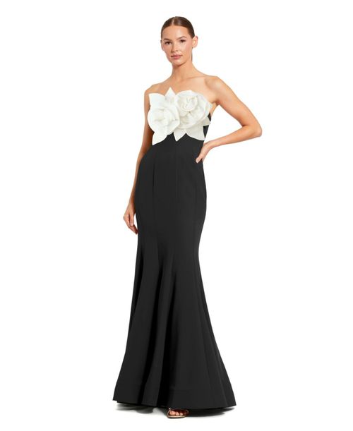 Women's Crepe Strapless Mermaid Gown With 3D Flowers - Black ivory