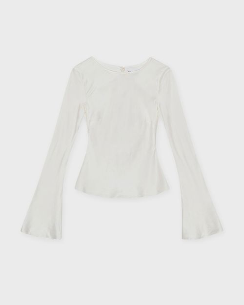 Ganni Blouse Solid Stretch Satin Long Sleeve Egret