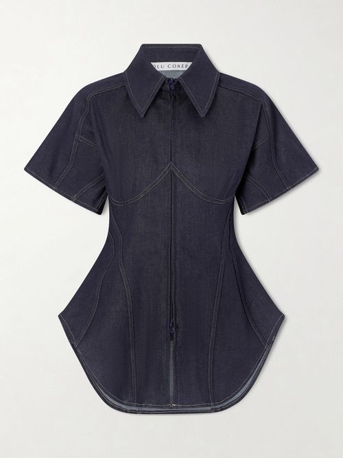 Paneled Denim Blouse - Blue