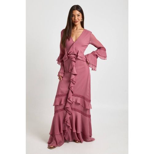 Boohoo Women's Chiffon Ruffle Lace Trim Detail Maxi Dress in Rose