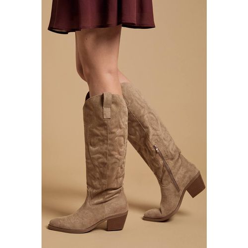 Oasis Women's Jess Faux Suede Embroidered Western Knee Boots in Taupe