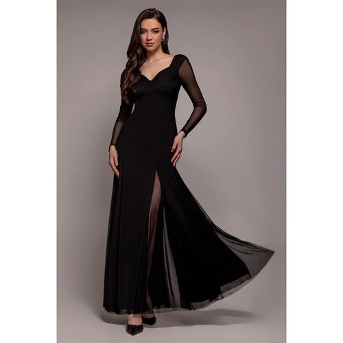 Goddiva Dobby Mesh Insert Long Sleeve A-Line Maxi Dress - Black