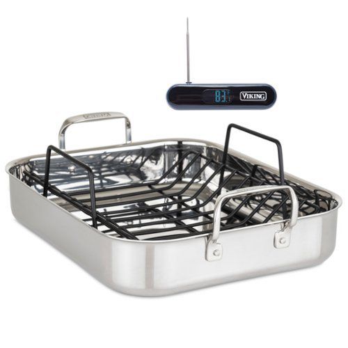3-Ply Stainless Steel Roasting Pan with Rack and Bonus Thermometer - Silver