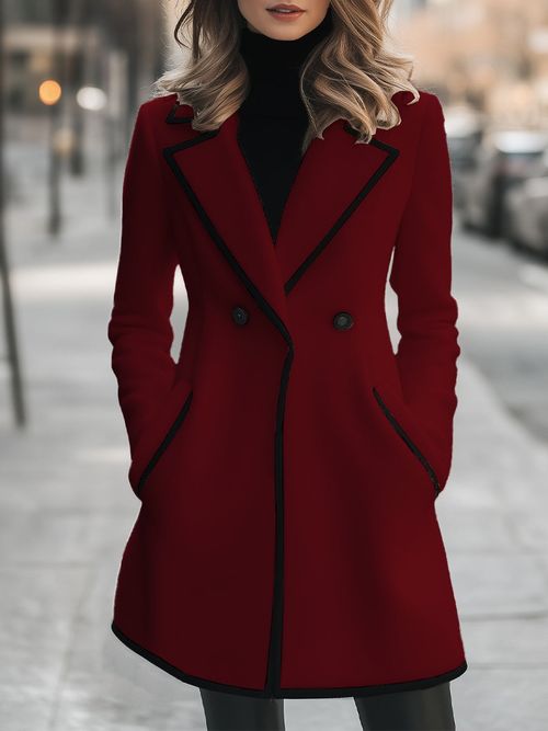 Chic Double-Breasted White Coat with Black Trim - Red