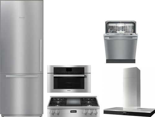 Miele 5 Piece Kitchen Appliances Package with Bottom Freezer Refrigerator and Dishwasher in Stainless Steel MIRECTWODWRH570
