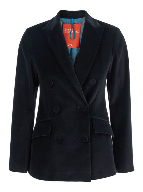 Black Double-breasted Jacket With Peak Revers In Velvet Woman