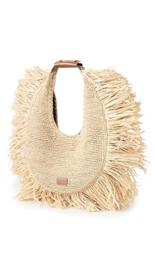 STAUD Women's Large Raffia Moon Tote Bag, Natural Fringe, Tan, One Size