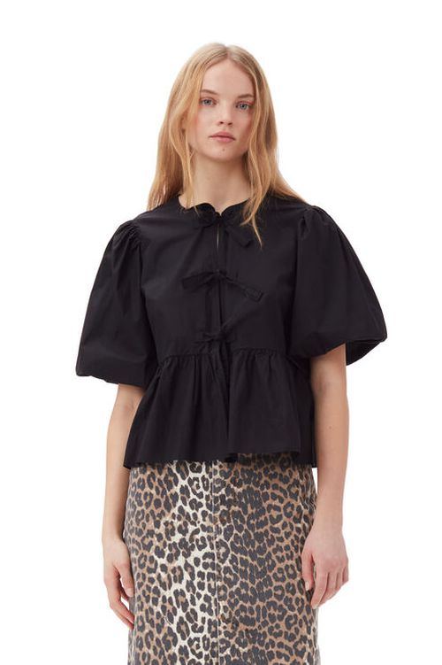 Cotton Poplin Peplum Tie Blouse