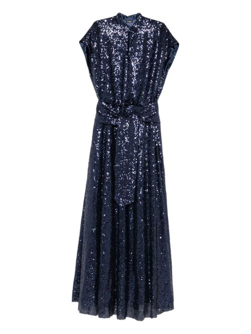 Sequin-Embellished Belted Dress — Navy