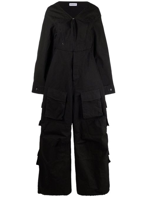 Ladies Black V-Neck Cotton Cargo Jumpsuit