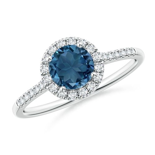Angara 0.95 Carat Round London Blue Topaz Halo Ring with Diamond Accents in Platinum
