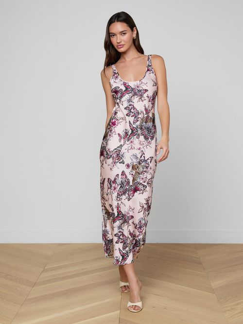 Akiya Satin Maxi Dress In Light Nectar Pink Multi Large Butterfly Jungle