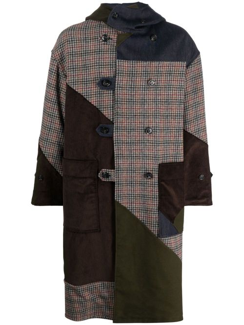Patchwork double-breasted coat - Brown