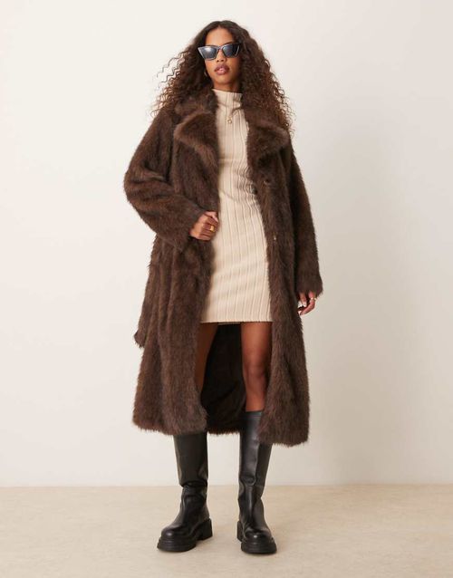 Long faux fur coat with belt in dark brown