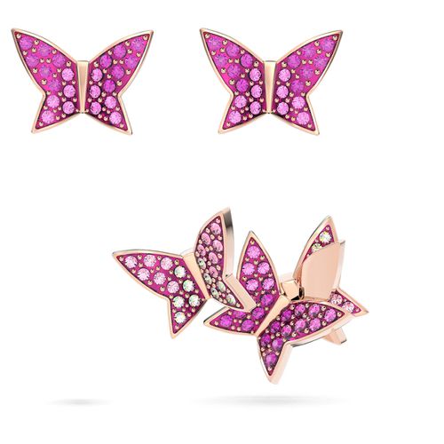 Idyllia Lilia stud earrings, Set (3), Butterfly, Pink, Rose gold-tone plated