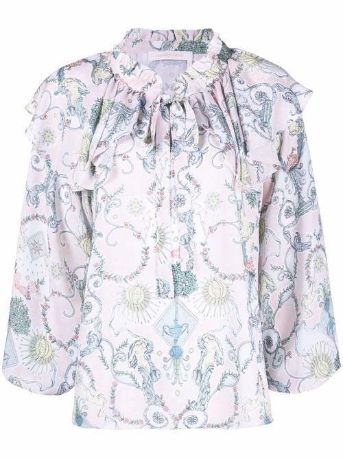 Baroque-print ruffled blouse - Pink
