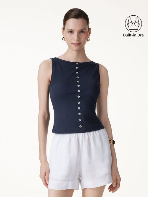 Cotton-Linen Boatneck Cropped Bra Top - Smoky Navy