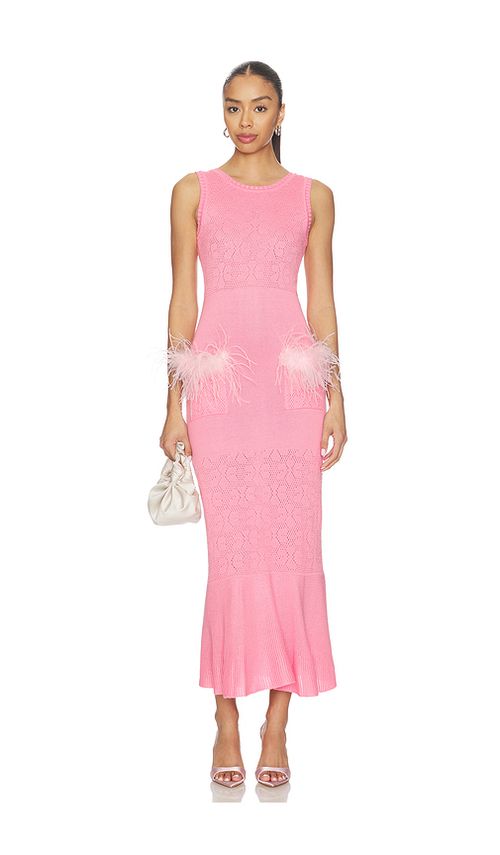ANDREEVA Peony Knit Dress With Real Ostrich Feather Details in Pink. L. Also in S